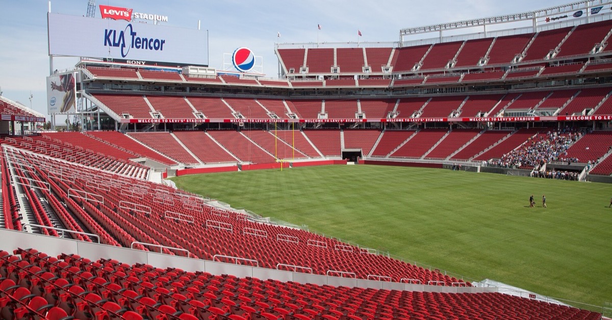 Rows of red seats and the field inside Levi's Stadium in Santa Clara, California