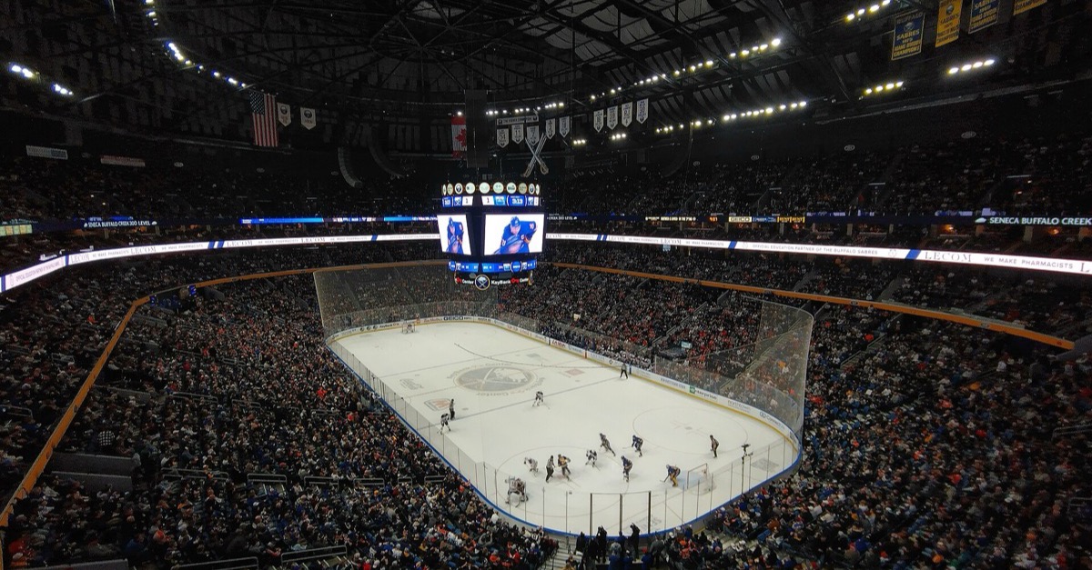A hockey game in progress at the KeyBank Center in Buffalo, seen from the upper deck
