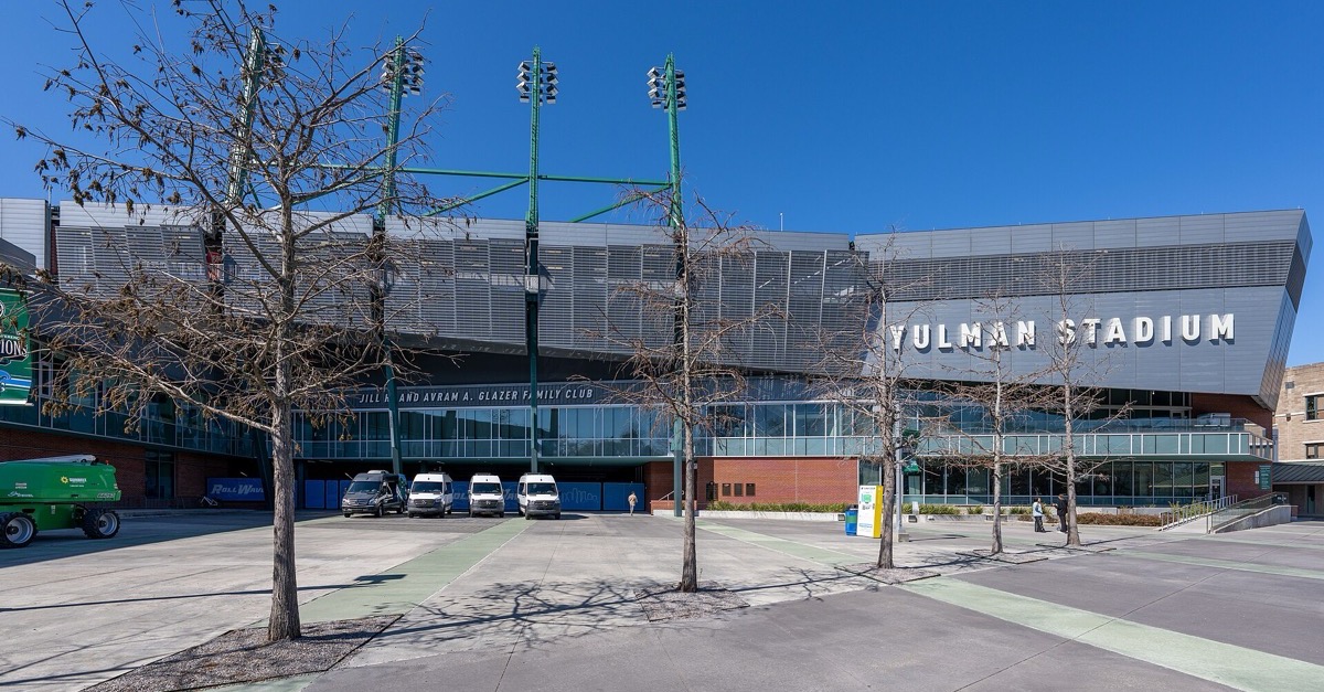 The exterior of Yulman Stadium, Tulane's football stadium in New Orleans, on a sunny day