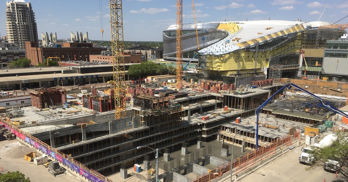 Rogers Place, the Edmonton arena, under construction in May 2016 with cranes in the foreground